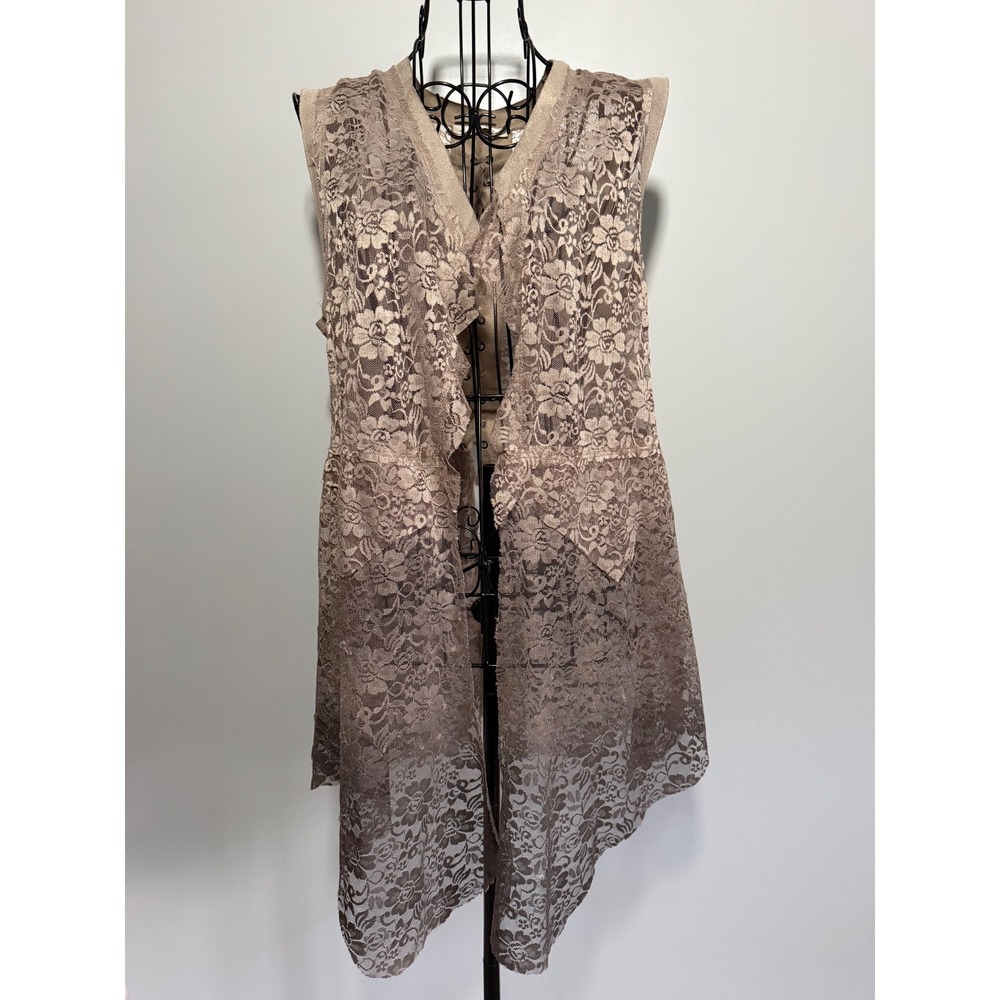 Voice of California Taupe Floral Lace Vest Corset Lace Up Back‎ Open Front Boho